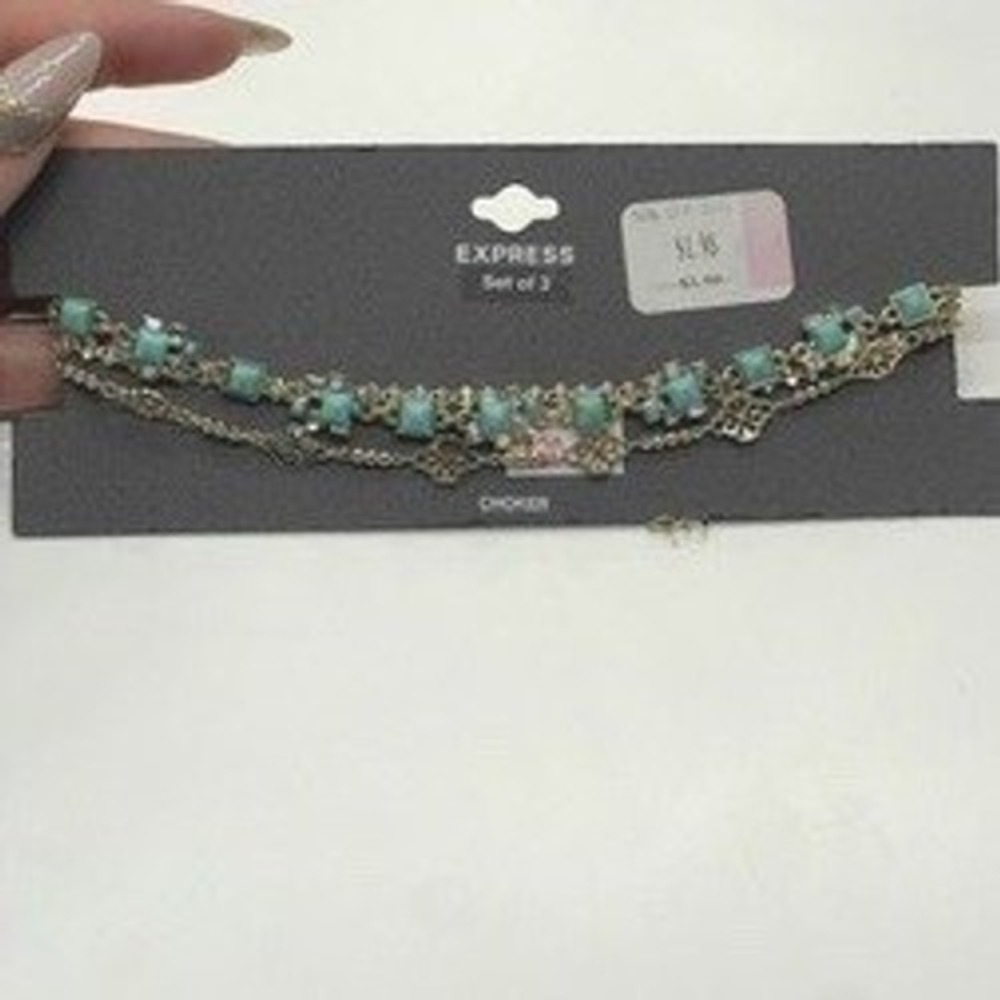 Express Choker Set of 3 Gold Tone Faux Turquoise Filigree Layered Necklaces NEW